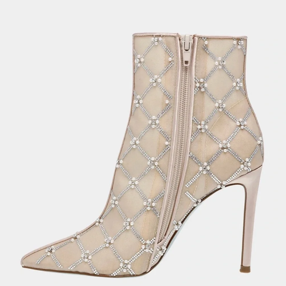 NEW Betsey Johnson Larkk Nude 4” Heel Ankle Booties Crystal Holiday Party Sz 10 - Picture 5 of 11